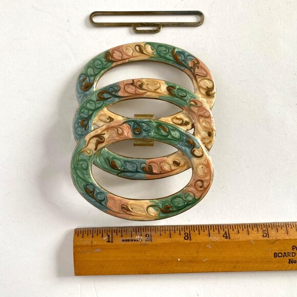 Retro Enamel Swirl Belt Buckle 3-Ring Large Green Blue Peach Goldtone 4.5x3.5in - Picture 11 of 12